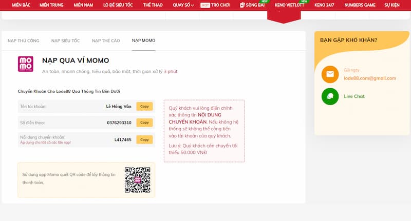 Lode88 Đa dạng hình thức nạp tiền