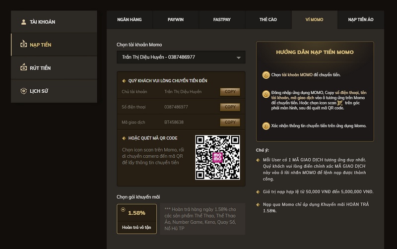 Nạp tiền vô OXBET qua ví MOMO siêu dễ, siêu đơn giản