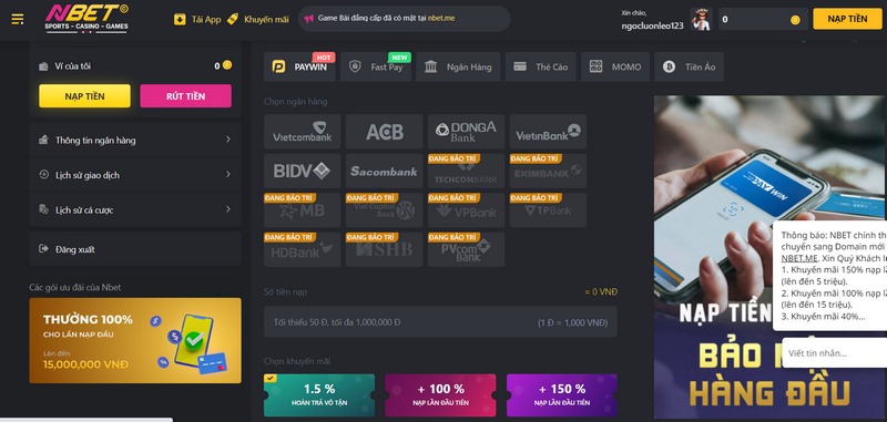 Nạp tiền NBET qua PayWin hoàn toàn không tính phí với tốc độ cao