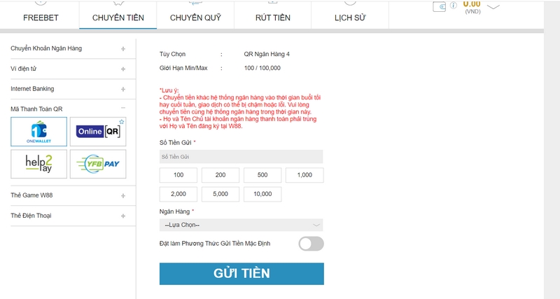 Nạp tiền tài khoản game W88 nhanh chóng qua mã thanh toán QR